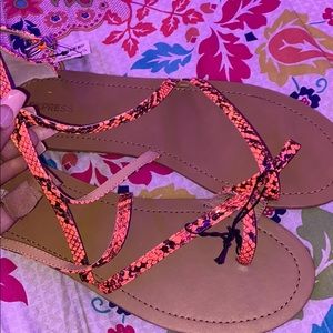 Peach colored, and snake print sandals (express)